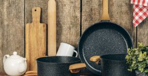 Set of cookware utensils on a kitchen counter
